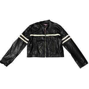 Edikted Women’s Black and Cream Striped Faux Leather Moto Racing Jacket Size M